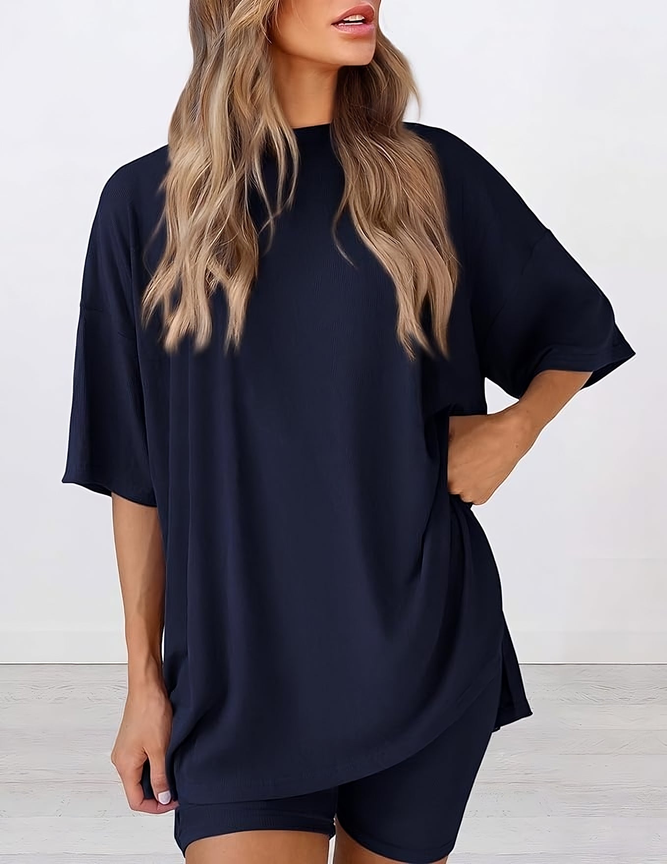 Buttery soft two piece loungewear set in navy – oversized t-shirt and matching shorts for women, perfect for summer lounging
