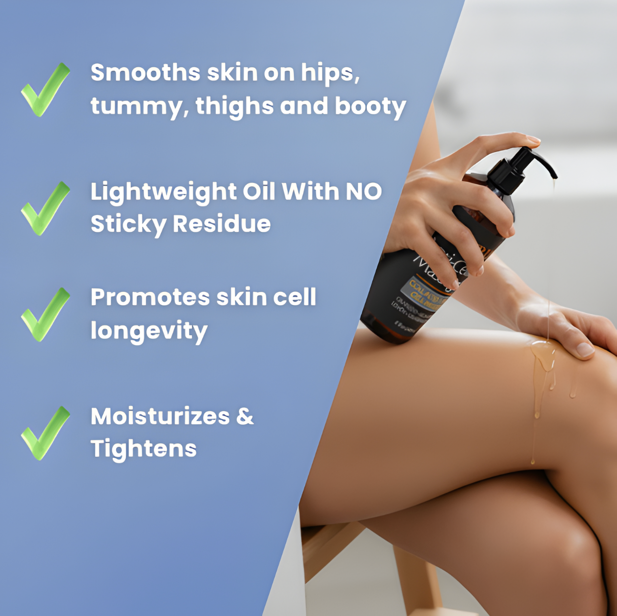 Person applying oil to their leg with product details on a blue background