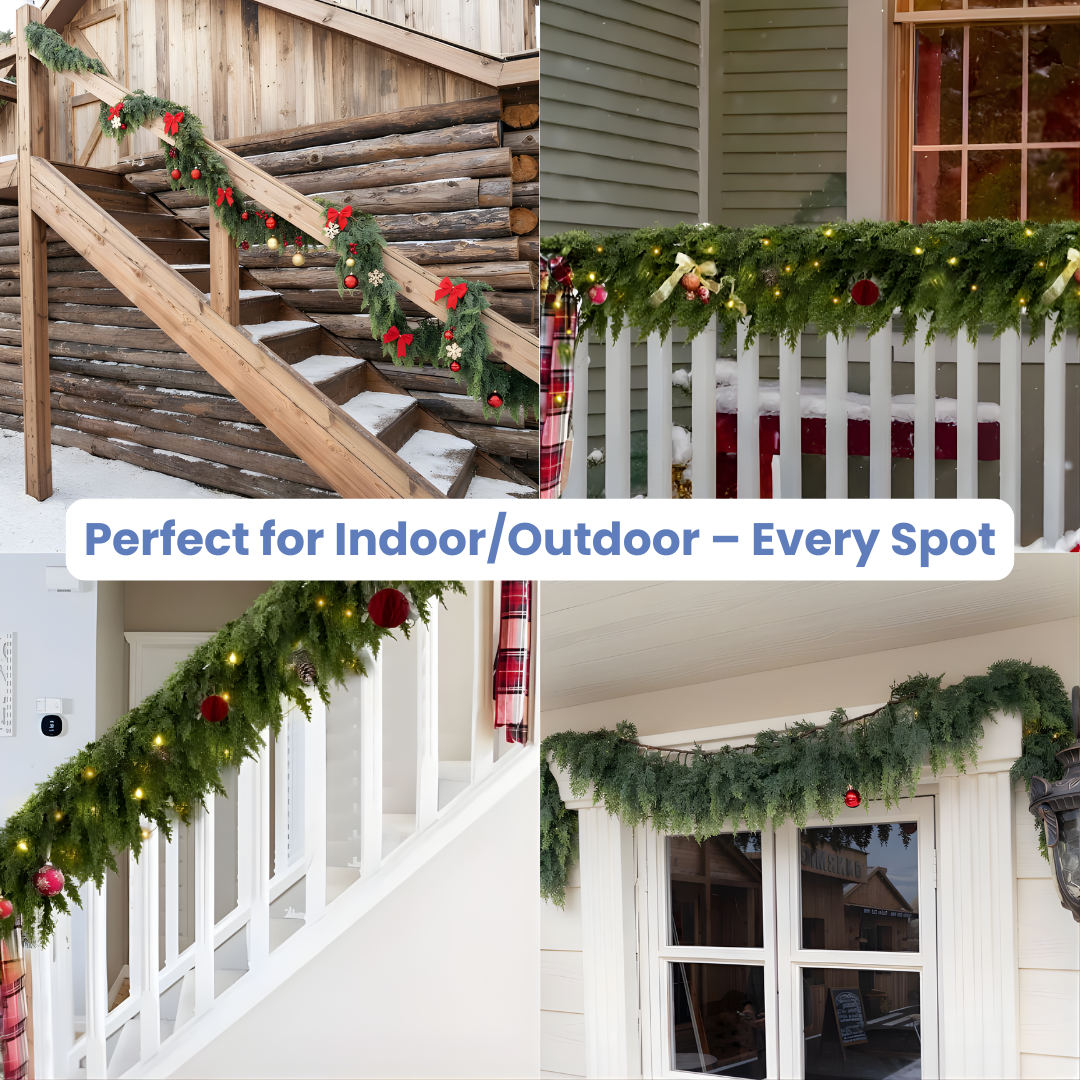 Collage of Christmas garland decorations on stair railings, windows, and railing.