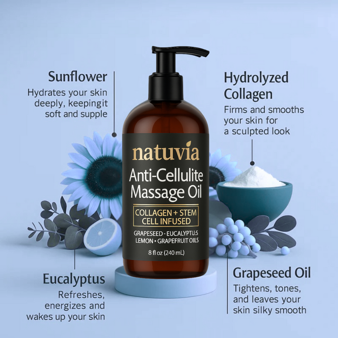 Nativia Anti-Cellulite Massage Oil bottle with ingredients listed on a light blue background