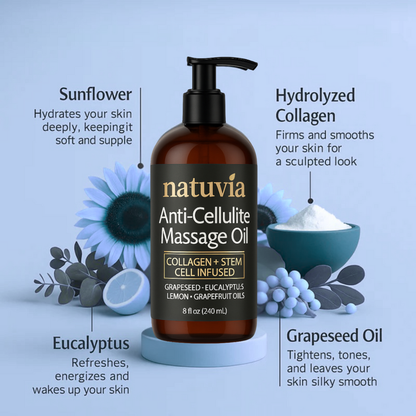 Nativia Anti-Cellulite Massage Oil bottle with ingredients listed on a light blue background