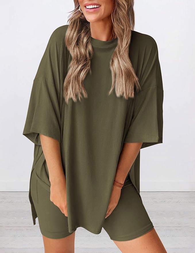 Angled view of lightweight two piece lounge set in army green – breathable oversized t-shirt and shorts for women
