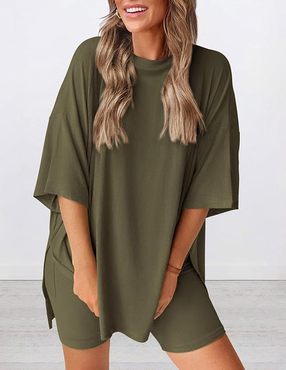 Angled view of lightweight two piece lounge set in army green – breathable oversized t-shirt and shorts for women