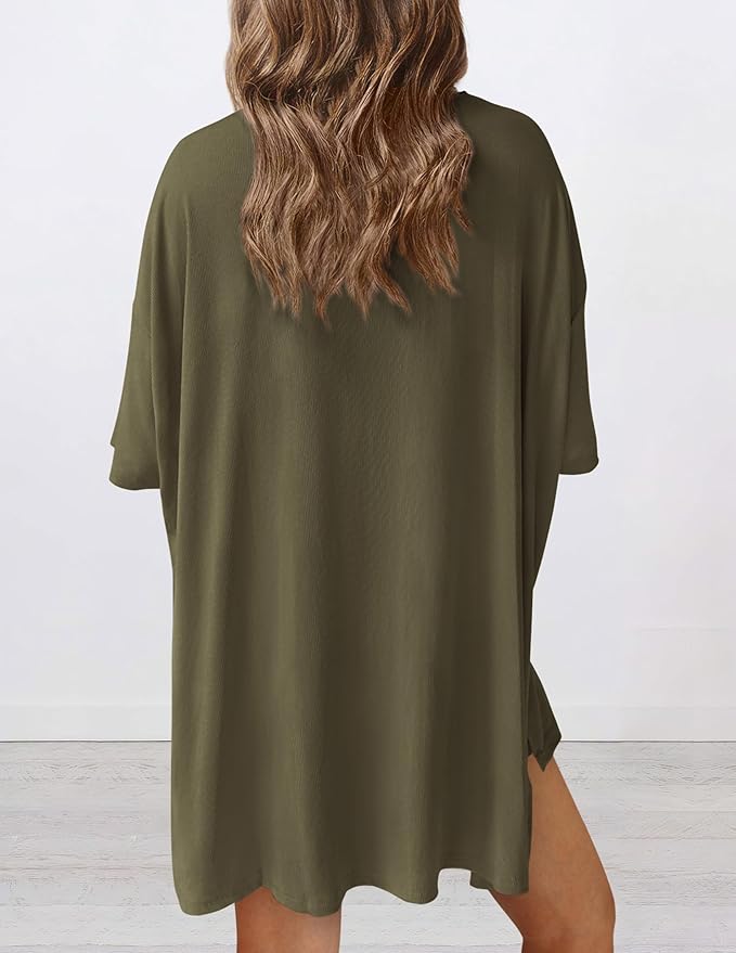 Back view of buttery soft loungewear set in army green – oversized top and shorts for casual comfort