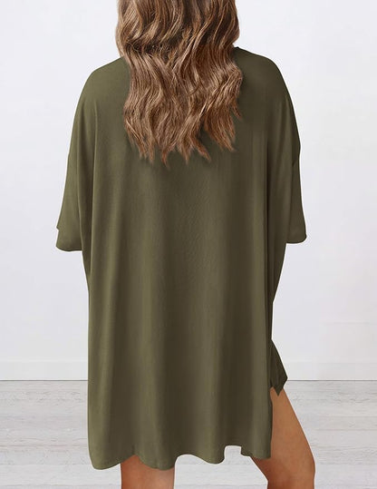 Back view of buttery soft loungewear set in army green – oversized top and shorts for casual comfort