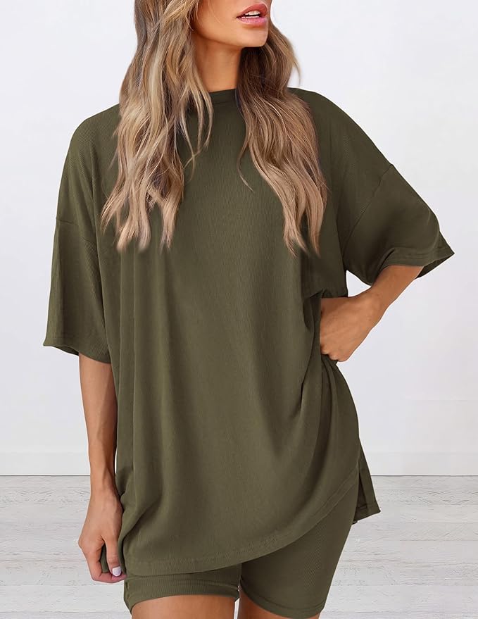  Buttery soft two piece loungewear set in army green – oversized t-shirt and matching shorts for women, perfect for summer lounging