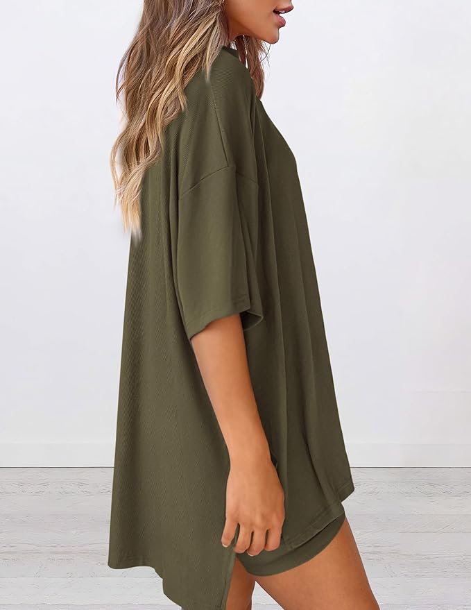 Side view of women’s summer loungewear set in army green – oversized relaxed fit two piece with t-shirt and shorts