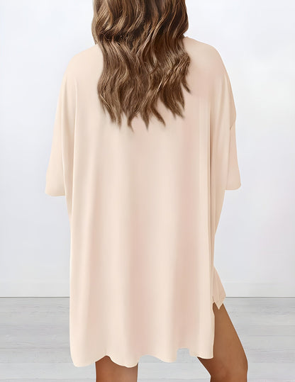 Back view of buttery soft loungewear set in beige – oversized top and shorts for casual comfort