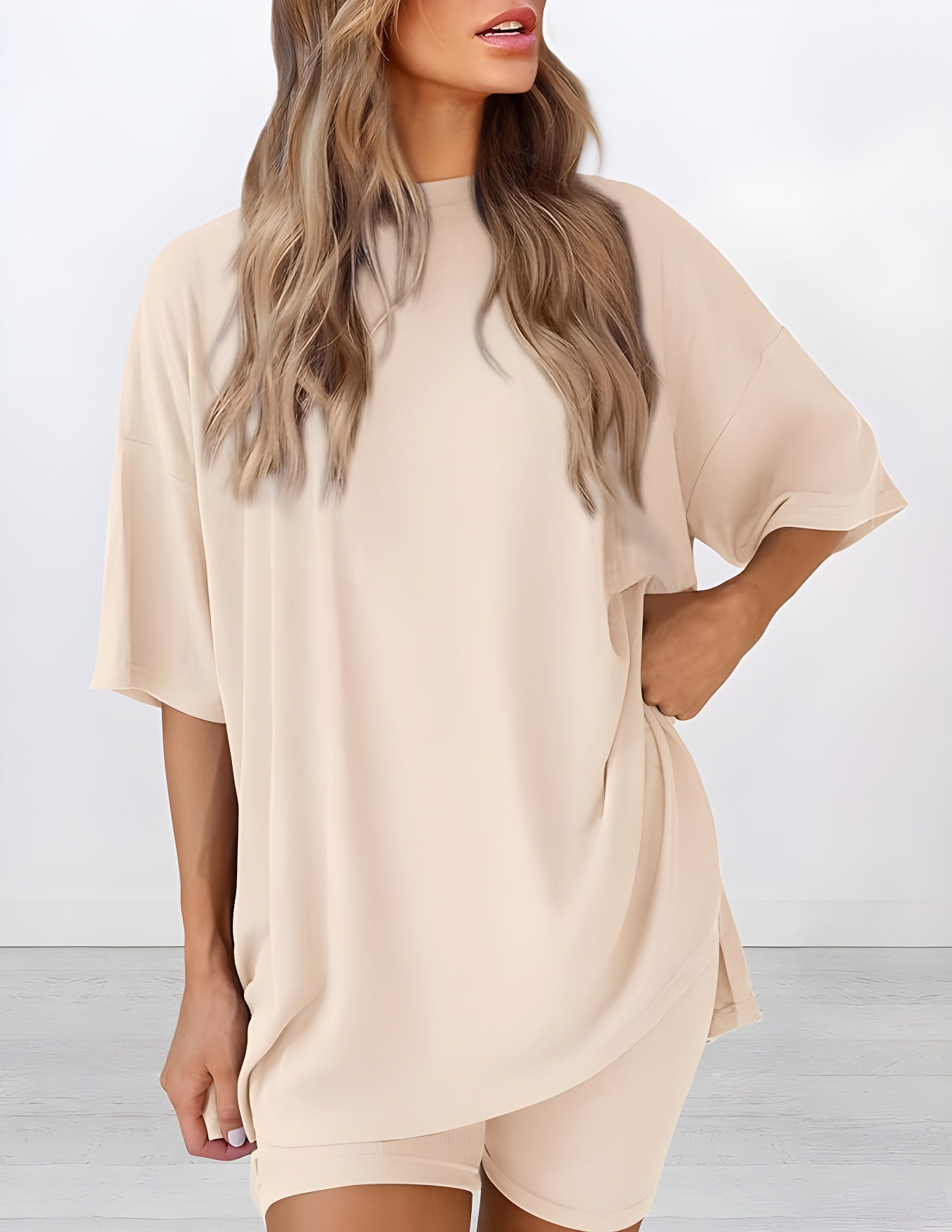 Buttery soft two piece loungewear set in beige – oversized t-shirt and matching shorts for women, perfect for summer lounging