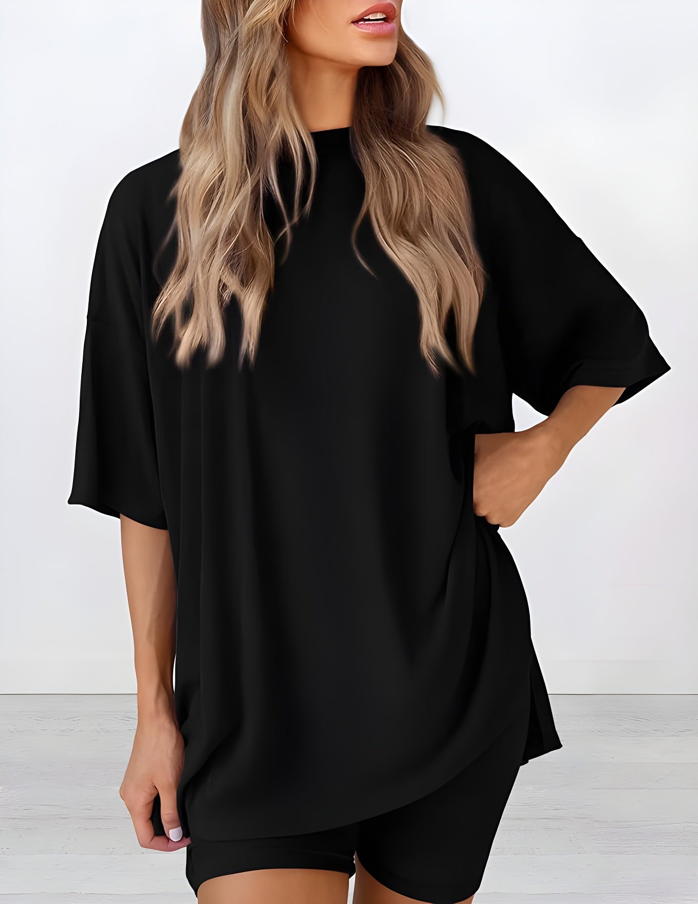 Buttery soft two piece loungewear set in black – oversized t-shirt and matching shorts for women, perfect for summer lounging