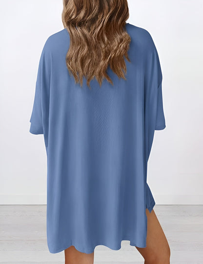 Back view of buttery soft loungewear set in blue – oversized top and shorts for casual comfort & lounging