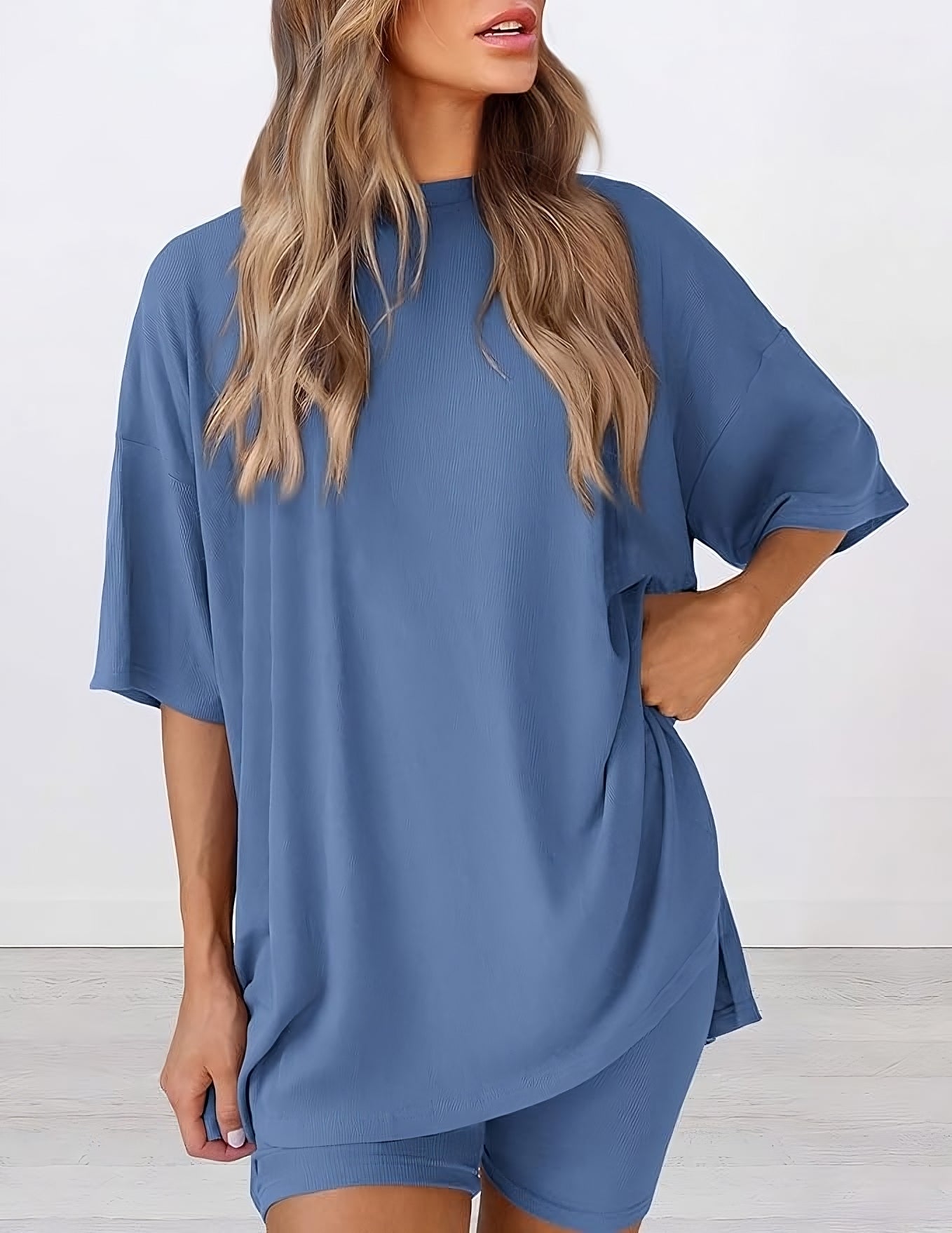 Buttery soft two piece loungewear set in blue – oversized top and matching shorts for women, ideal for summer lounging or casual wear