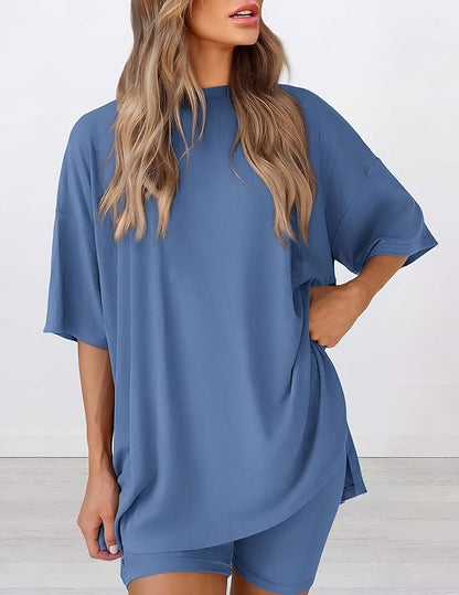 Buttery soft two piece loungewear set in blue – oversized top and matching shorts for women, ideal for summer lounging or casual wear