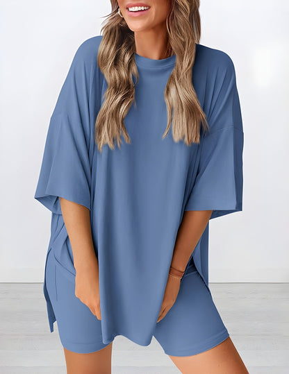 Buttery soft two piece loungewear set in blue – oversized t-shirt and matching shorts for women, perfect for summer lounging