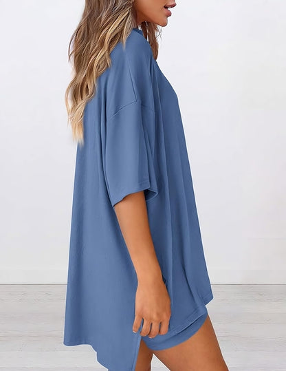 Side view of blue oversized women’s loungewear set – relaxed fit two piece with soft t-shirt and shorts