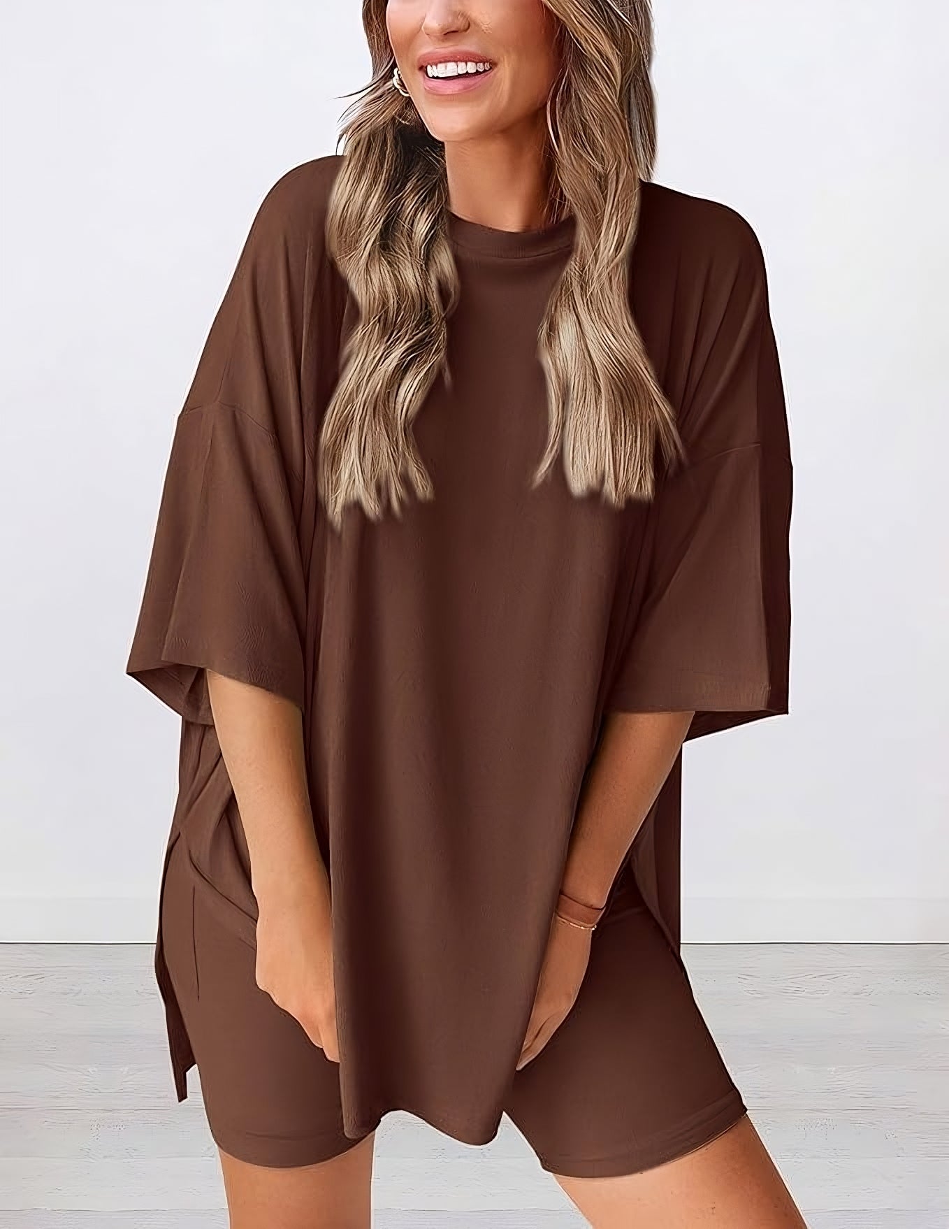 Angled view of lightweight two piece lounge set in brown – breathable oversized t-shirt and shorts for women