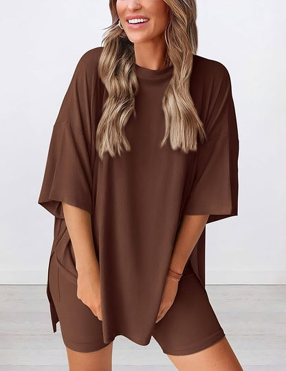 Angled view of lightweight two piece lounge set in brown – breathable oversized t-shirt and shorts for women