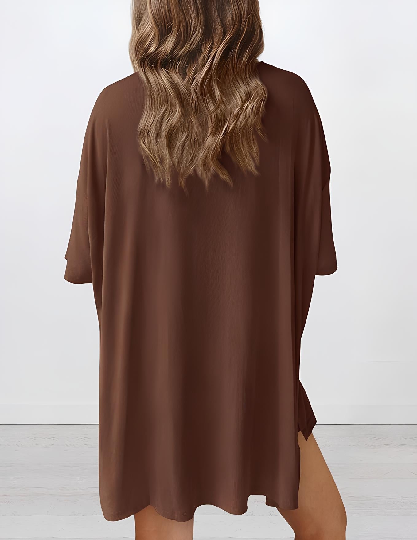 Back view of buttery soft loungewear set in brown – oversized top and shorts for casual comfort