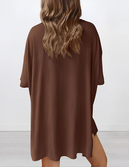Back view of buttery soft loungewear set in brown – oversized top and shorts for casual comfort