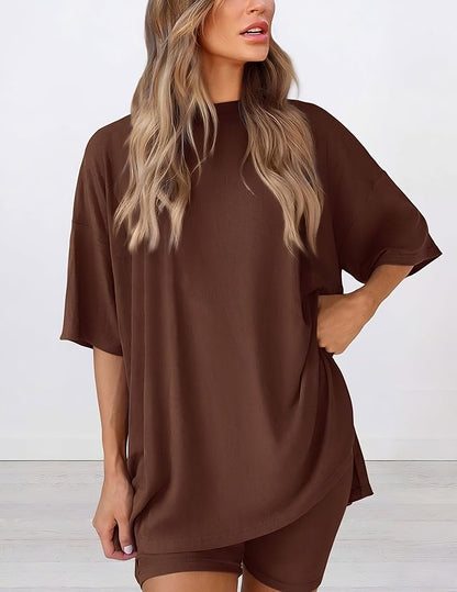 Buttery soft two piece loungewear set in brown – oversized t-shirt and matching shorts for women, perfect for summer lounging