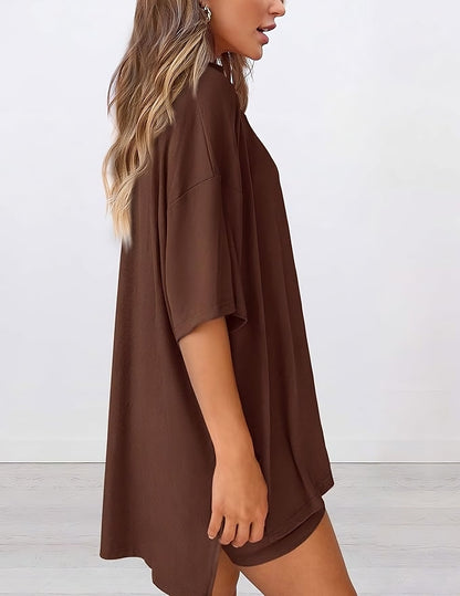 Side view of women’s summer loungewear set in brown – oversized relaxed fit two piece with t-shirt and shorts