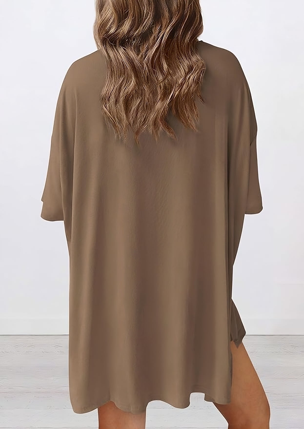 Back view of buttery soft loungewear set in dark khaki – oversized top and shorts for casual comfort