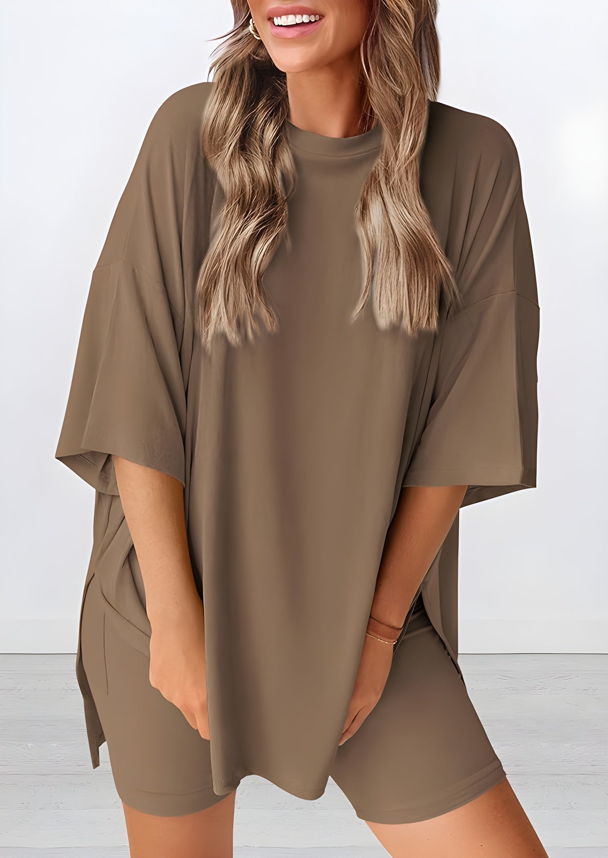 Buttery soft two piece loungewear set in dark khaki – oversized t-shirt and matching shorts for women, perfect for summer lounging