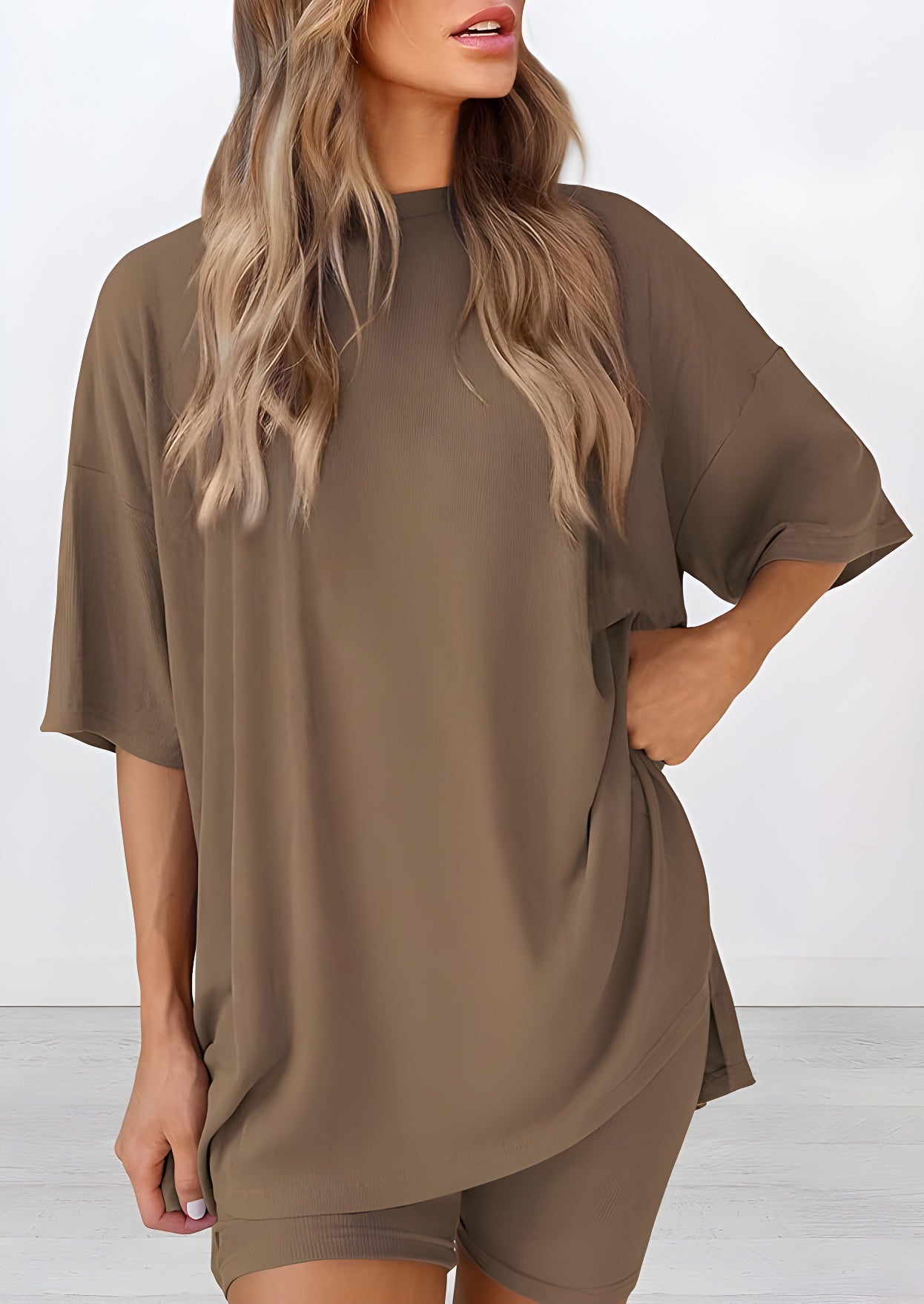  Buttery soft two piece loungewear set in dark khaki – oversized t-shirt and matching shorts for women, perfect for summer lounging