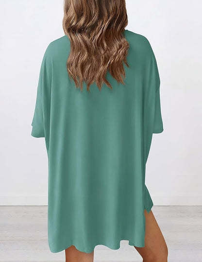 Back view of buttery soft loungewear set in fruit green – oversized top and shorts for casual comfort