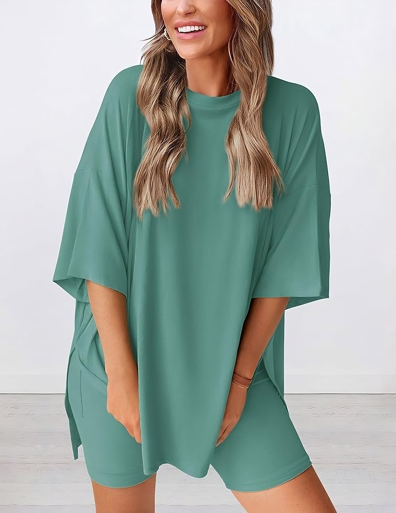 Buttery soft two piece loungewear set in fruit green – oversized t-shirt and matching shorts for women, perfect for summer lounging