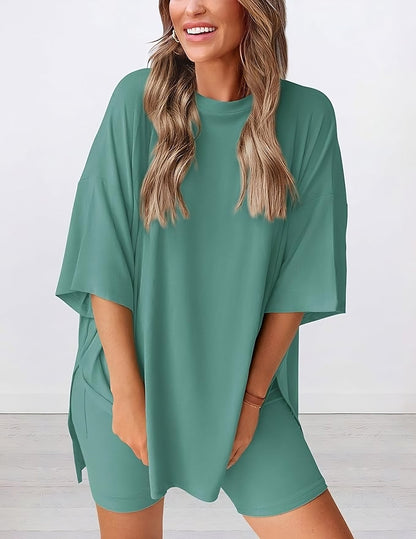 Buttery soft two piece loungewear set in fruit green – oversized t-shirt and matching shorts for women, perfect for summer lounging