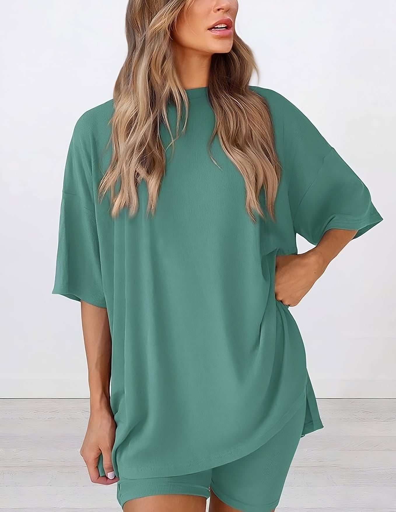 Buttery soft two piece loungewear set in fruit green – oversized t-shirt and matching shorts for women, perfect for summer lounging