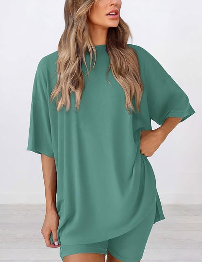 Buttery soft two piece loungewear set in fruit green – oversized t-shirt and matching shorts for women, perfect for summer lounging