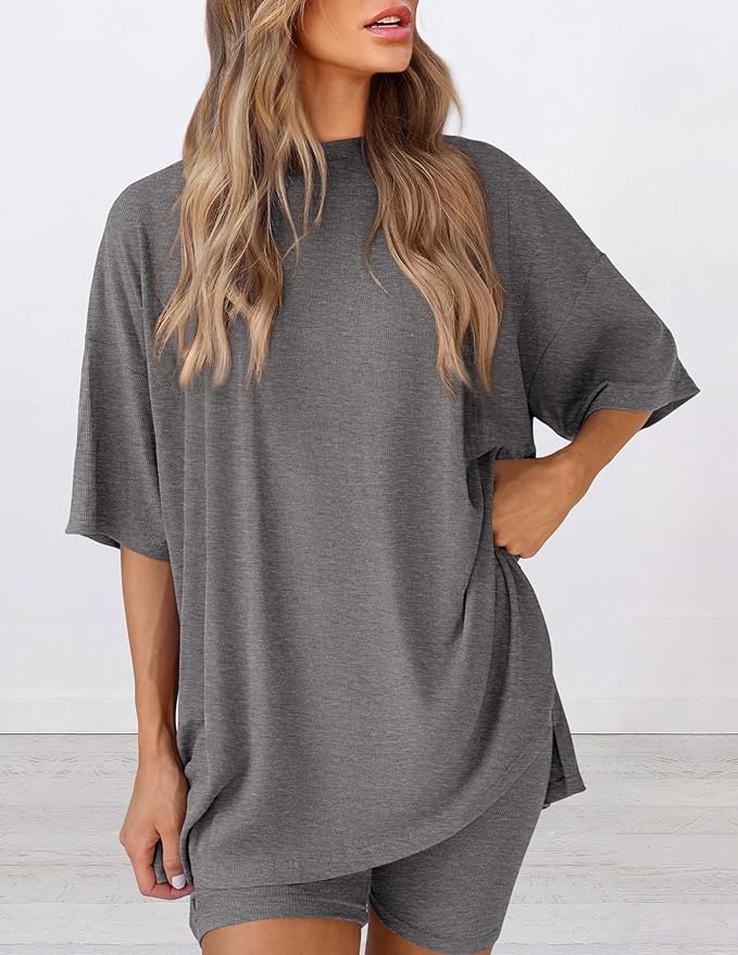 Buttery soft two piece loungewear set in gray – oversized t-shirt and matching shorts for women, perfect for summer lounging