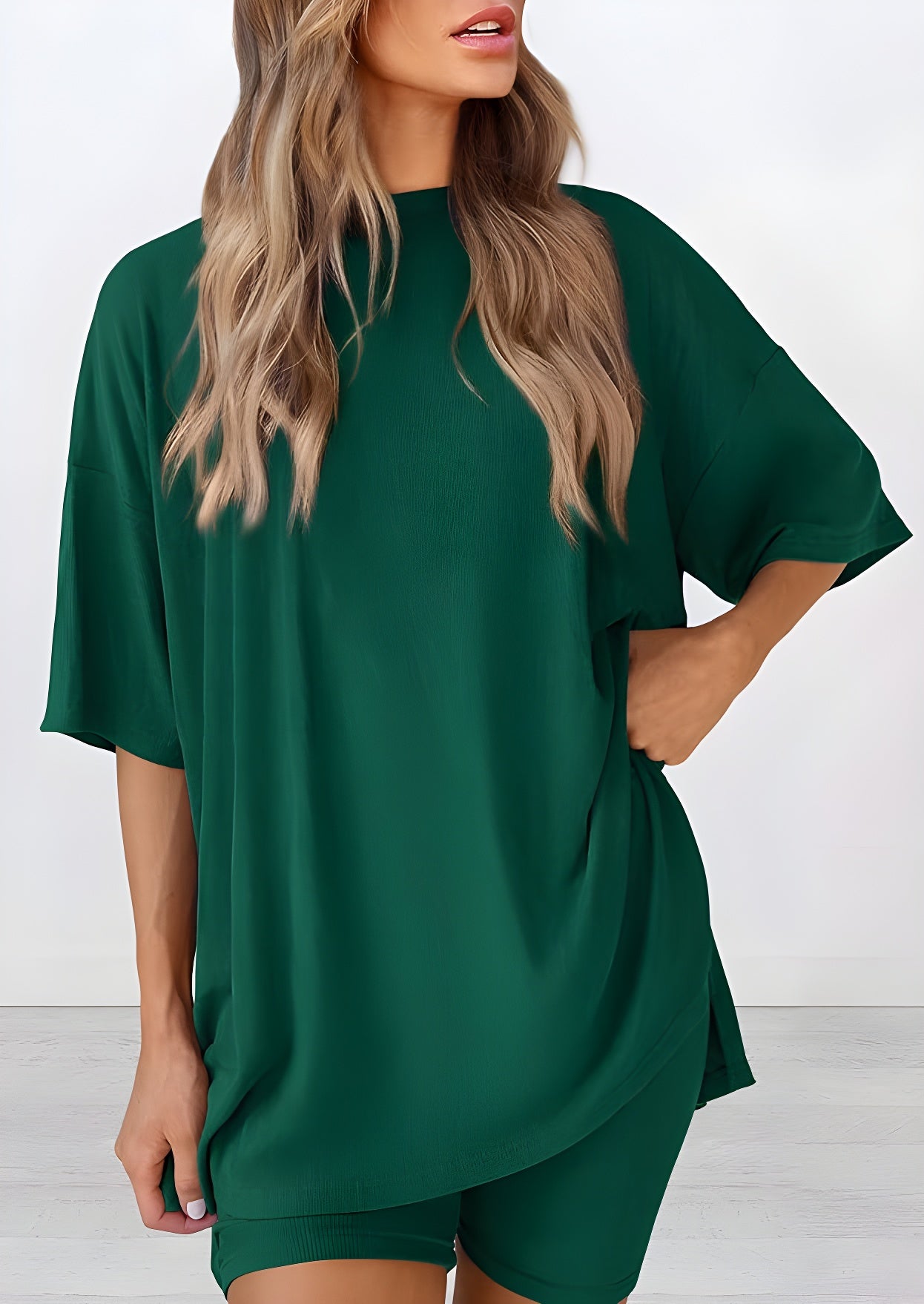 Buttery soft two piece loungewear set in green – oversized t-shirt and matching shorts for women, perfect for summer lounging