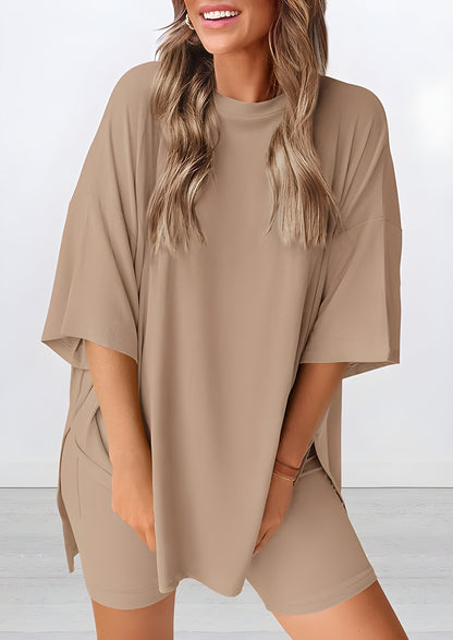Angled view of lightweight two piece lounge set in khaki – breathable oversized t-shirt and shorts for women