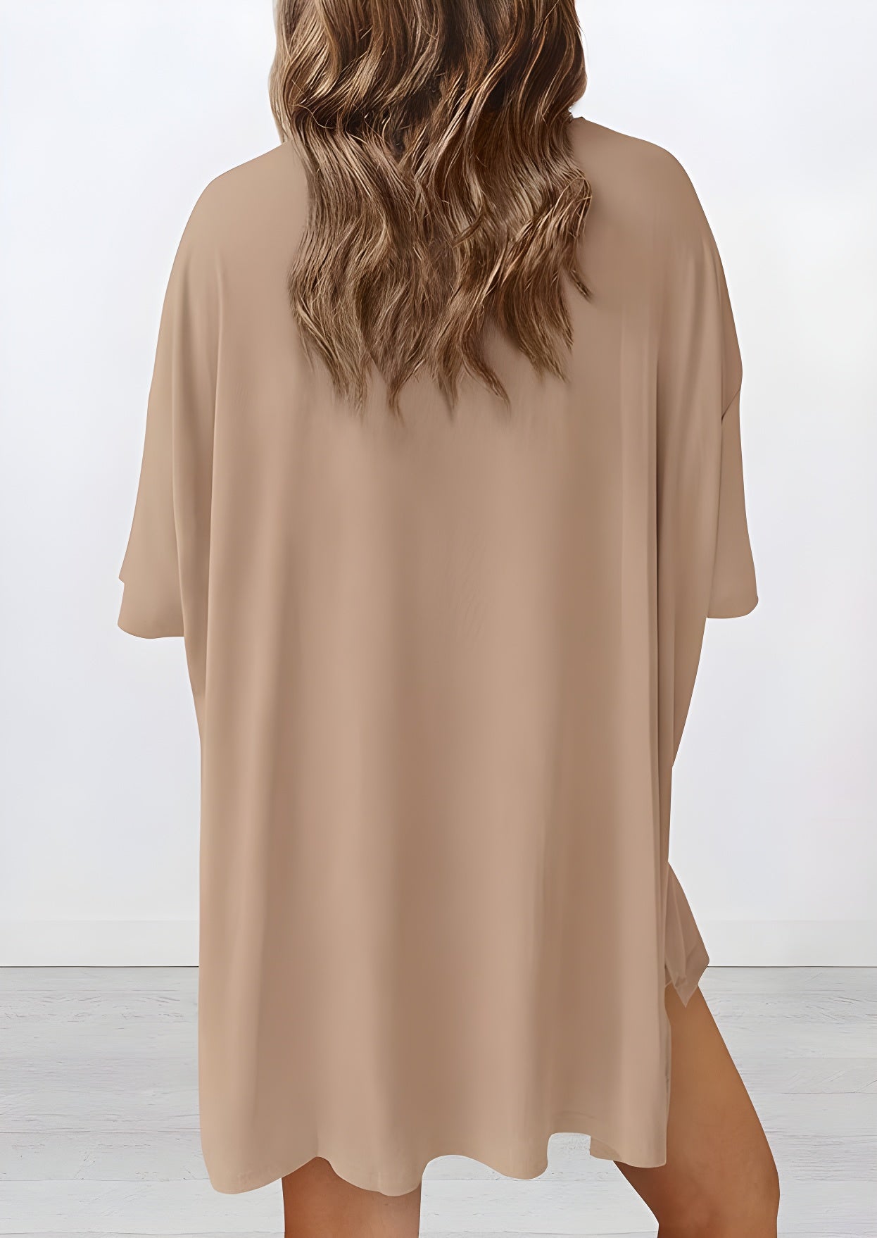 Back view of buttery soft loungewear set in khaki – oversized top and shorts for casual comfort