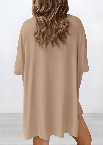 Back view of buttery soft loungewear set in khaki – oversized top and shorts for casual comfort