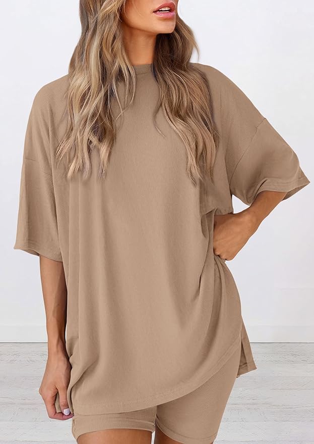  Buttery soft two piece loungewear set in khaki – oversized t-shirt and matching shorts for women, perfect for summer lounging