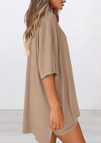 Side view of women’s summer loungewear set in khaki – oversized relaxed fit two piece with t-shirt and shorts