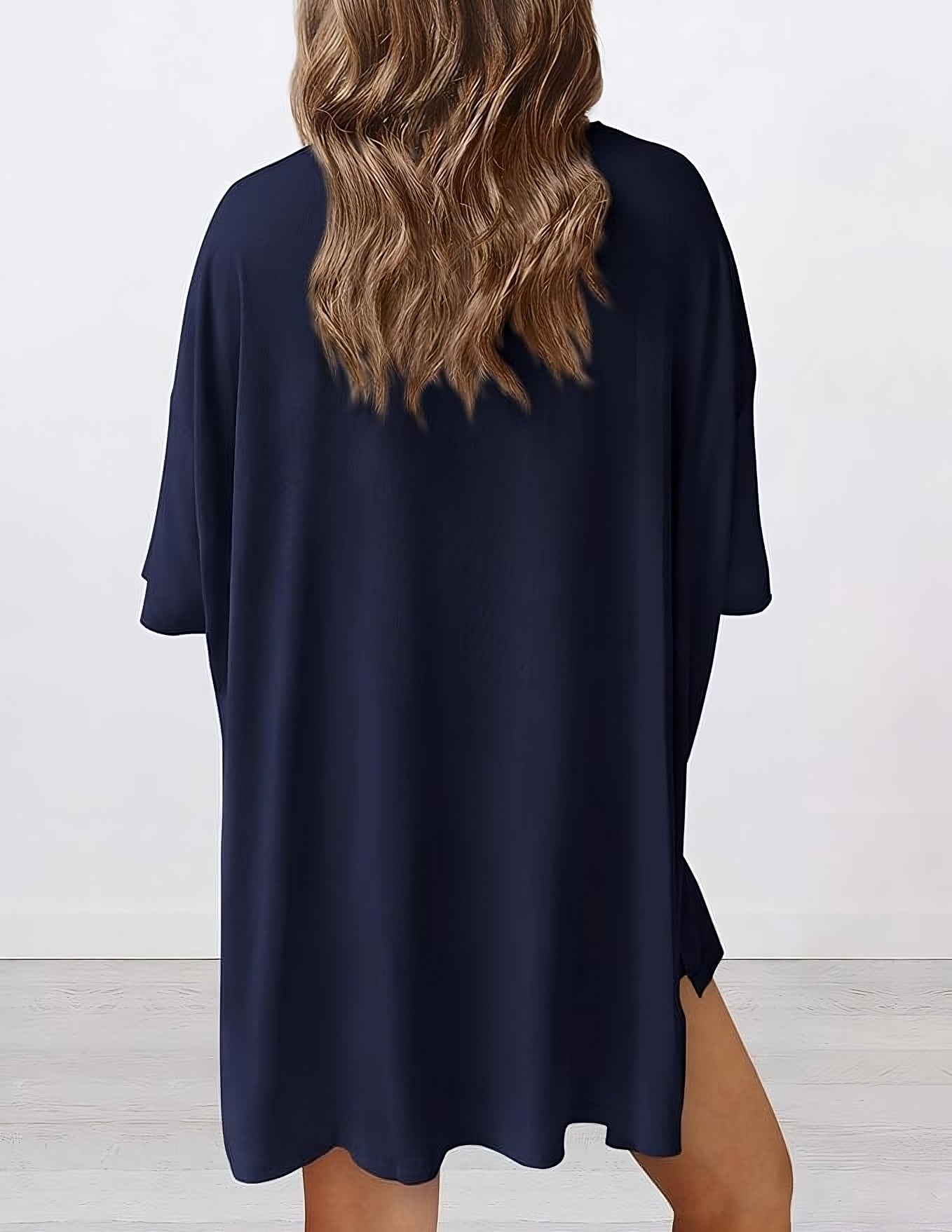 Back view of buttery soft loungewear set in navy – oversized top and shorts for casual comfort