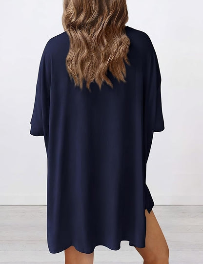 Back view of buttery soft loungewear set in navy – oversized top and shorts for casual comfort