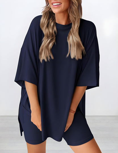 Buttery soft two piece loungewear set in navy – oversized t-shirt and matching shorts for women, perfect for summer lounging