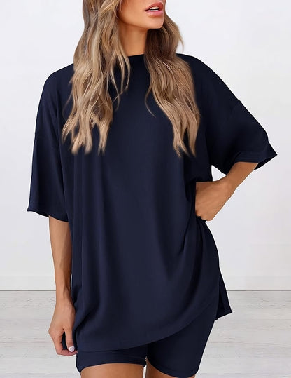  Buttery soft two piece loungewear set in navy – oversized t-shirt and matching shorts for women, perfect for summer lounging