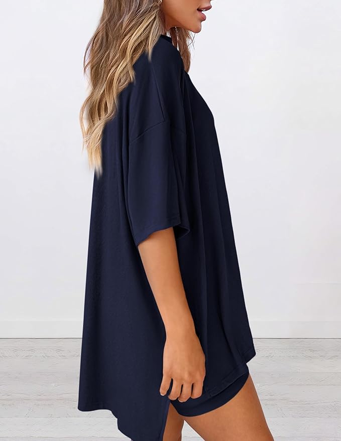 Side view of women’s summer loungewear set in navy – oversized relaxed fit two piece with t-shirt and shorts