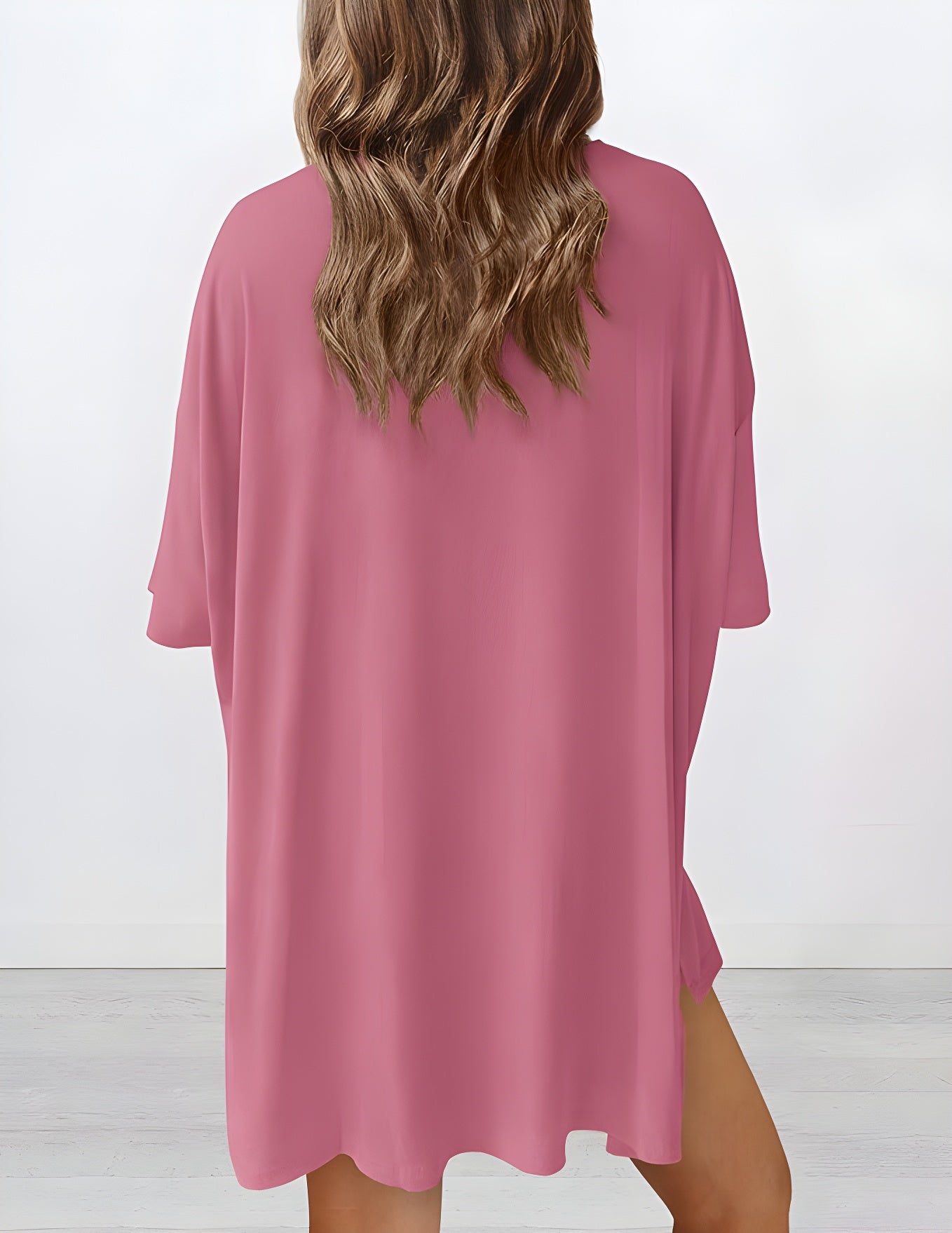 Back view of buttery soft loungewear set in pink – oversized top and shorts for casual comfort