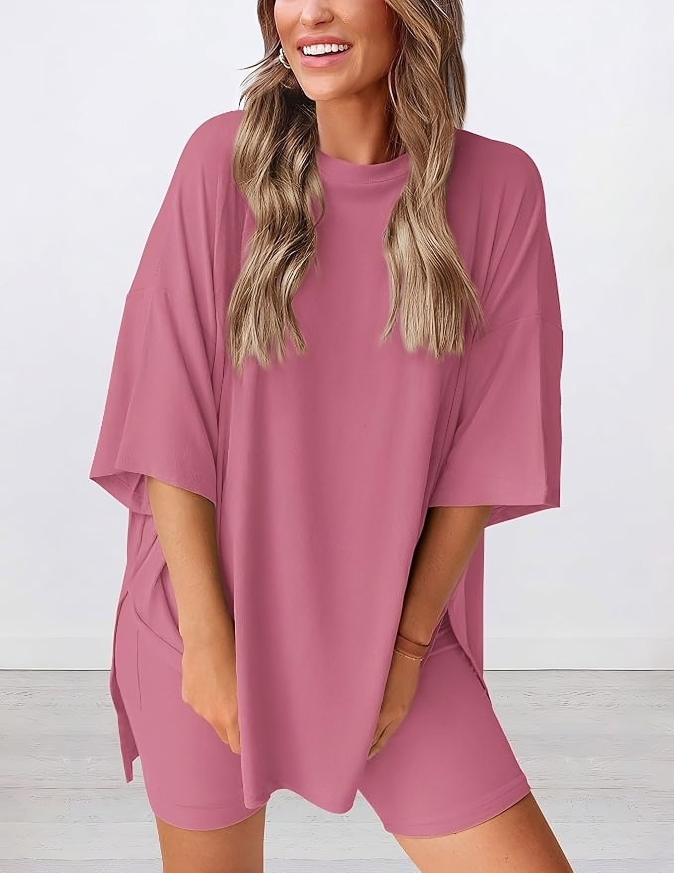 Buttery soft two piece loungewear set in pink – oversized t-shirt and matching shorts for women, perfect for summer lounging