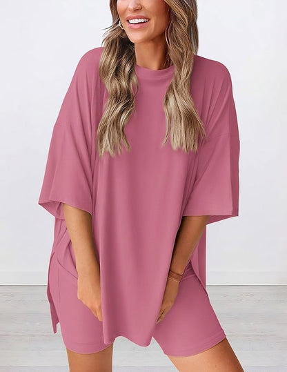 Buttery soft two piece loungewear set in pink – oversized t-shirt and matching shorts for women, perfect for summer lounging