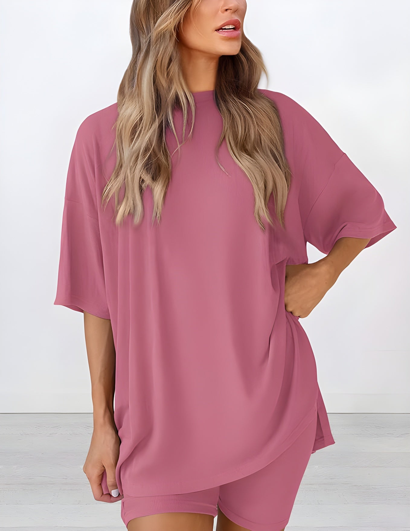 Buttery soft two piece loungewear set in pink – oversized t-shirt and matching shorts for women, perfect for summer lounging