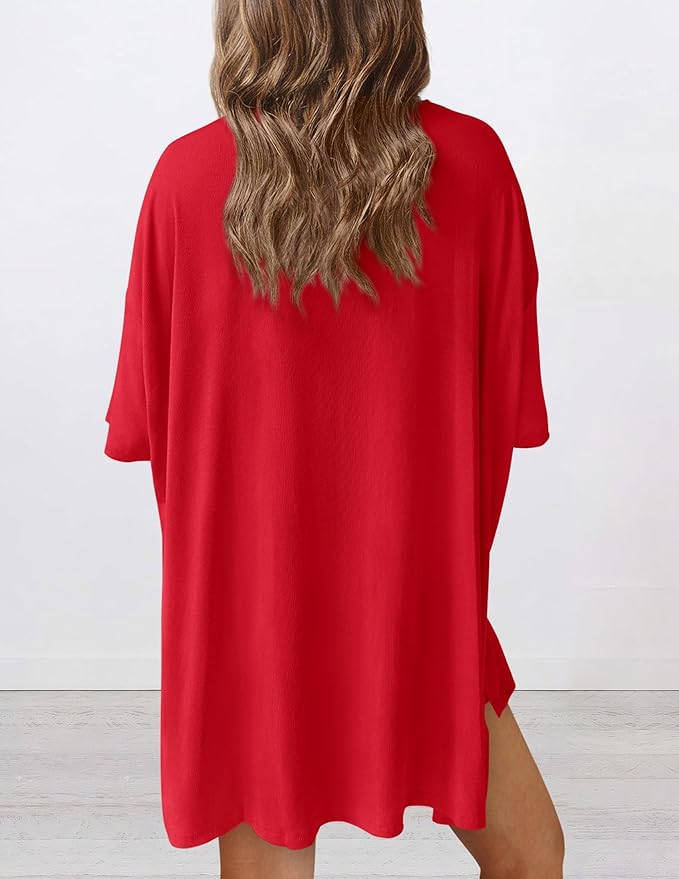 Back view of buttery soft loungewear set in red – oversized top and shorts for casual comfort